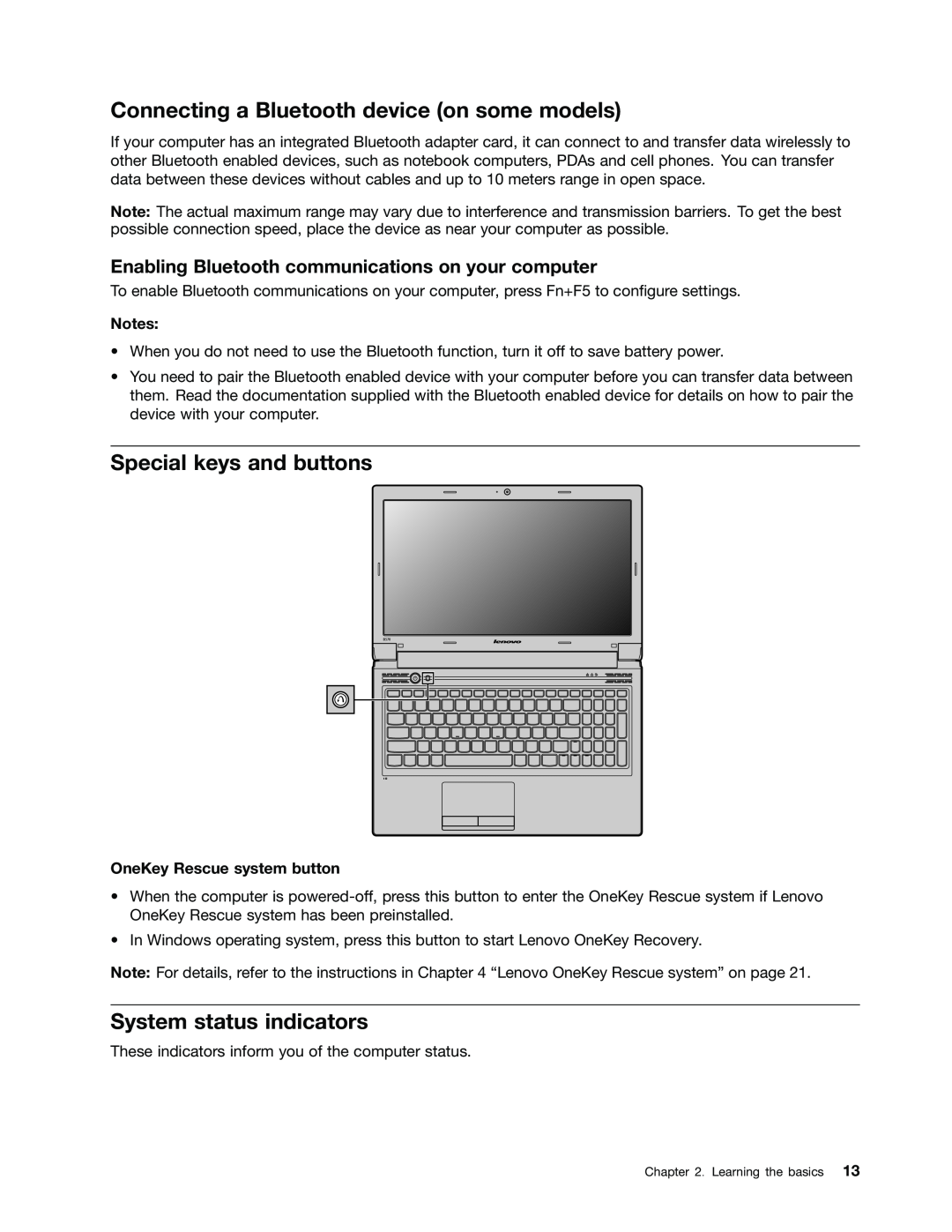 Lenovo B470E manual Connecting a Bluetooth device on some models, Special keys and buttons, System status indicators 