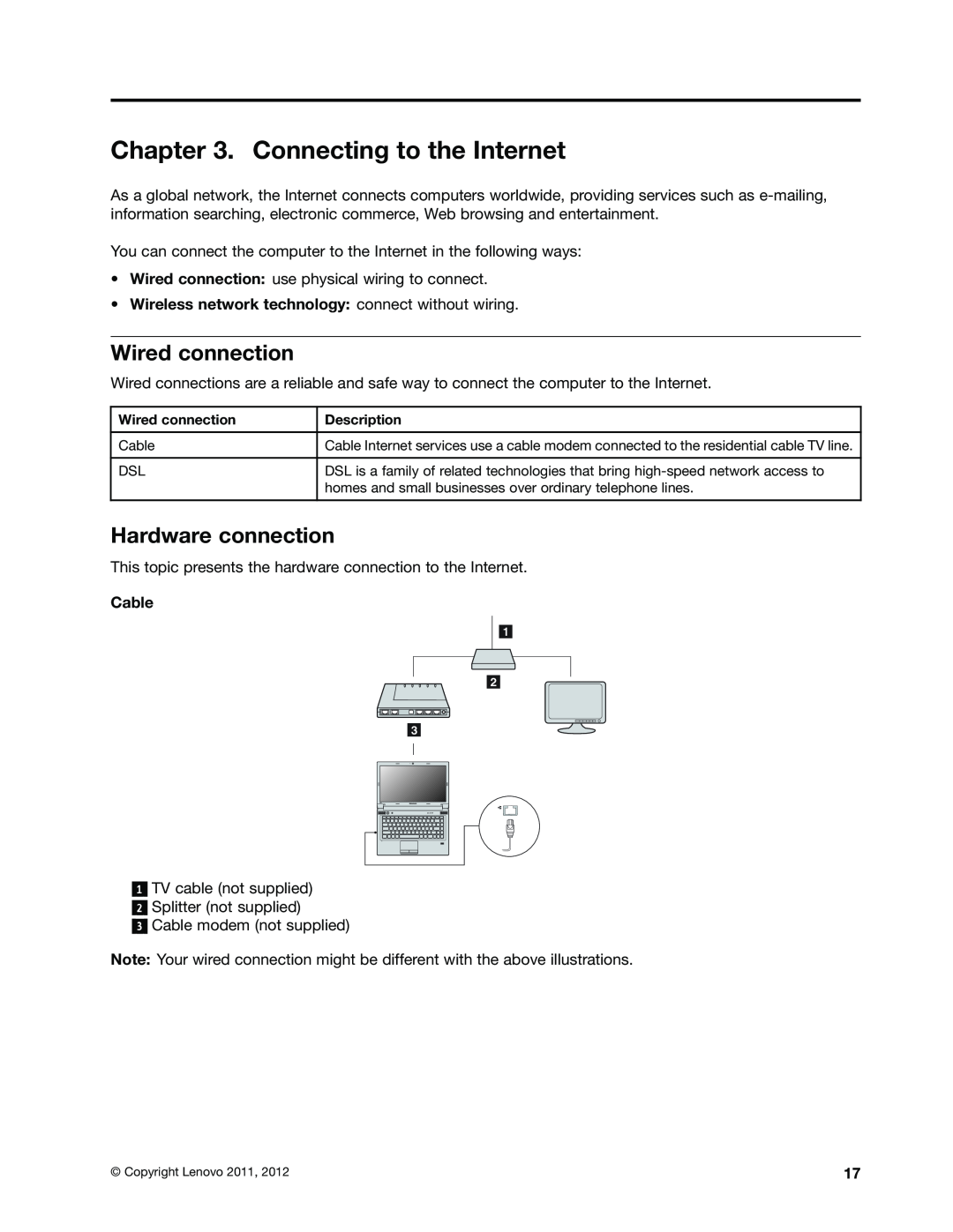 Lenovo B470E manual Connecting to the Internet, Wired connection, Hardware connection 