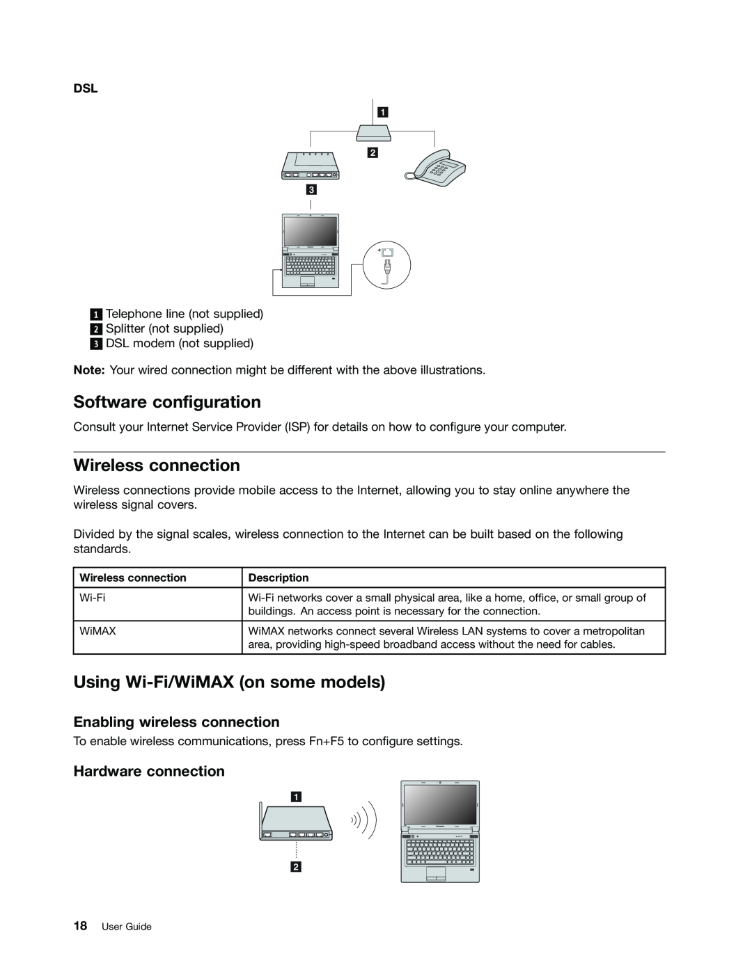 Lenovo B470E Software configuration, Wireless connection, Using Wi-Fi/WiMAX on some models, Enabling wireless connection 