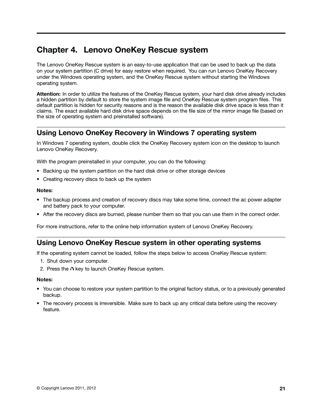 Lenovo B470E manual Lenovo OneKey Rescue system, Using Lenovo OneKey Recovery in Windows 7 operating system 