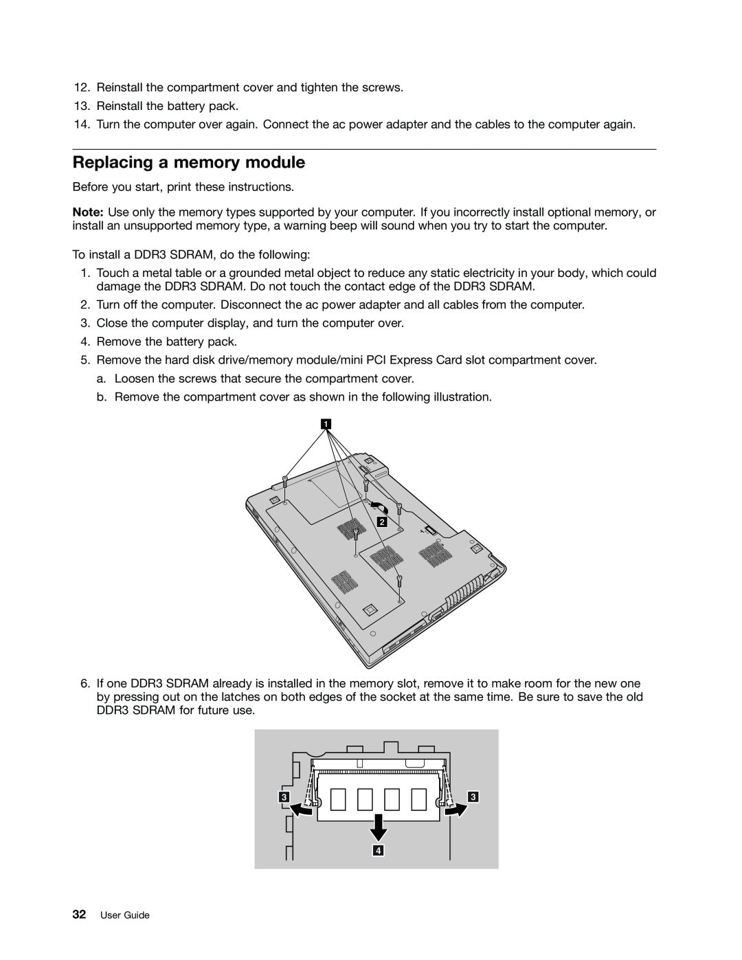 Lenovo B470E manual Replacing a memory module, User Guide 