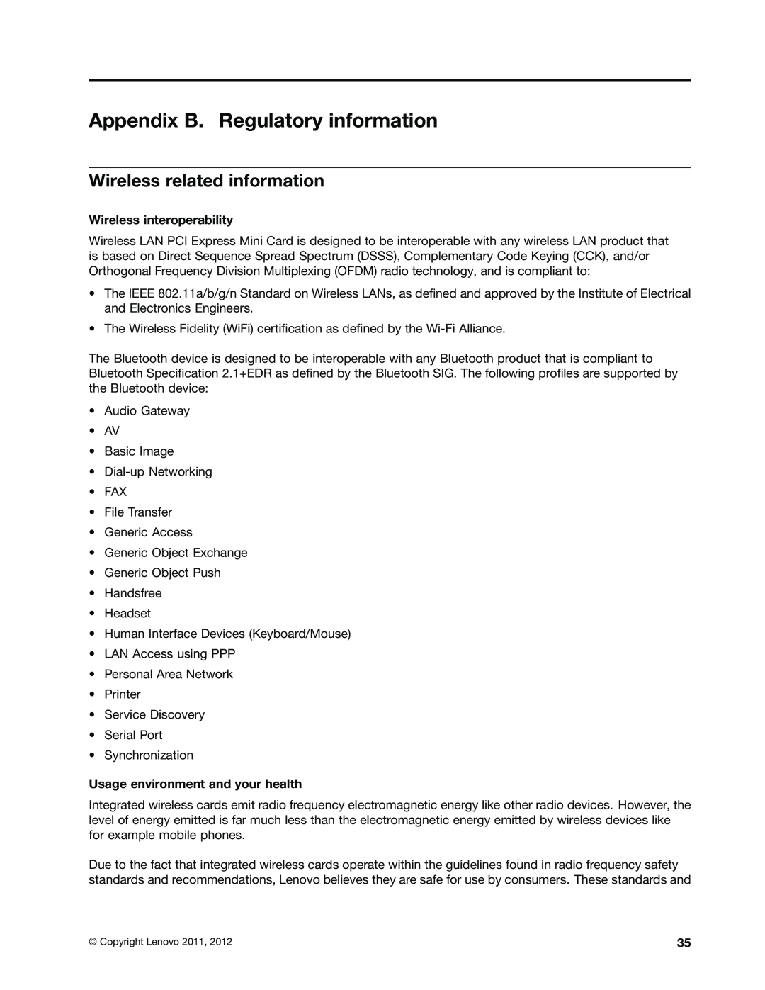Lenovo B470E manual Appendix B. Regulatory information, Wireless related information 