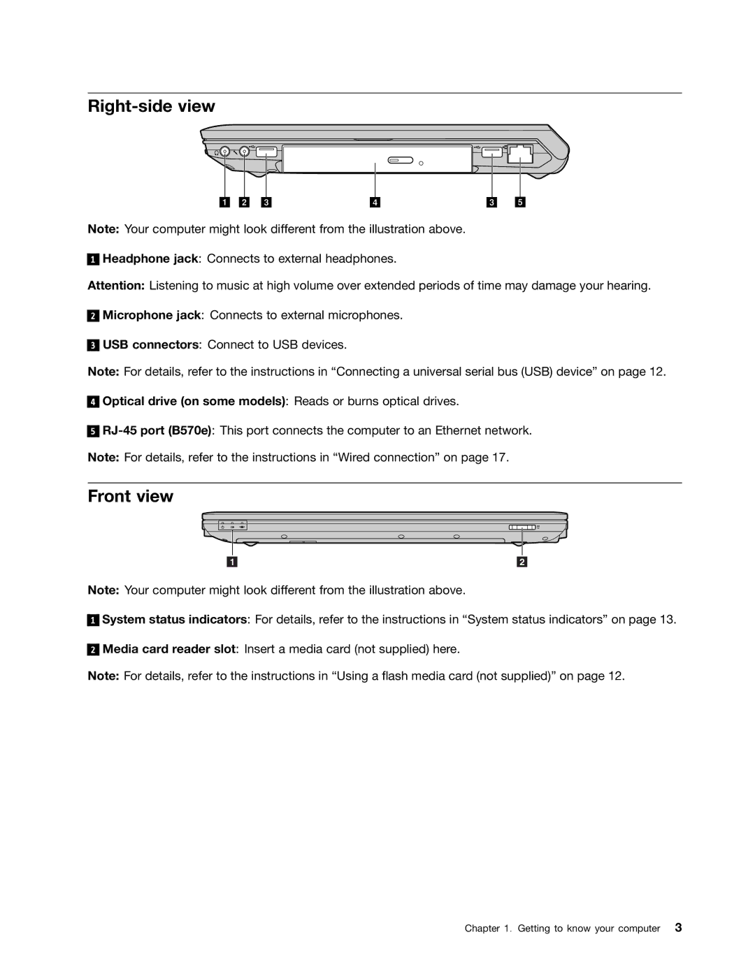 Lenovo B470E manual Right-side view, Front view 