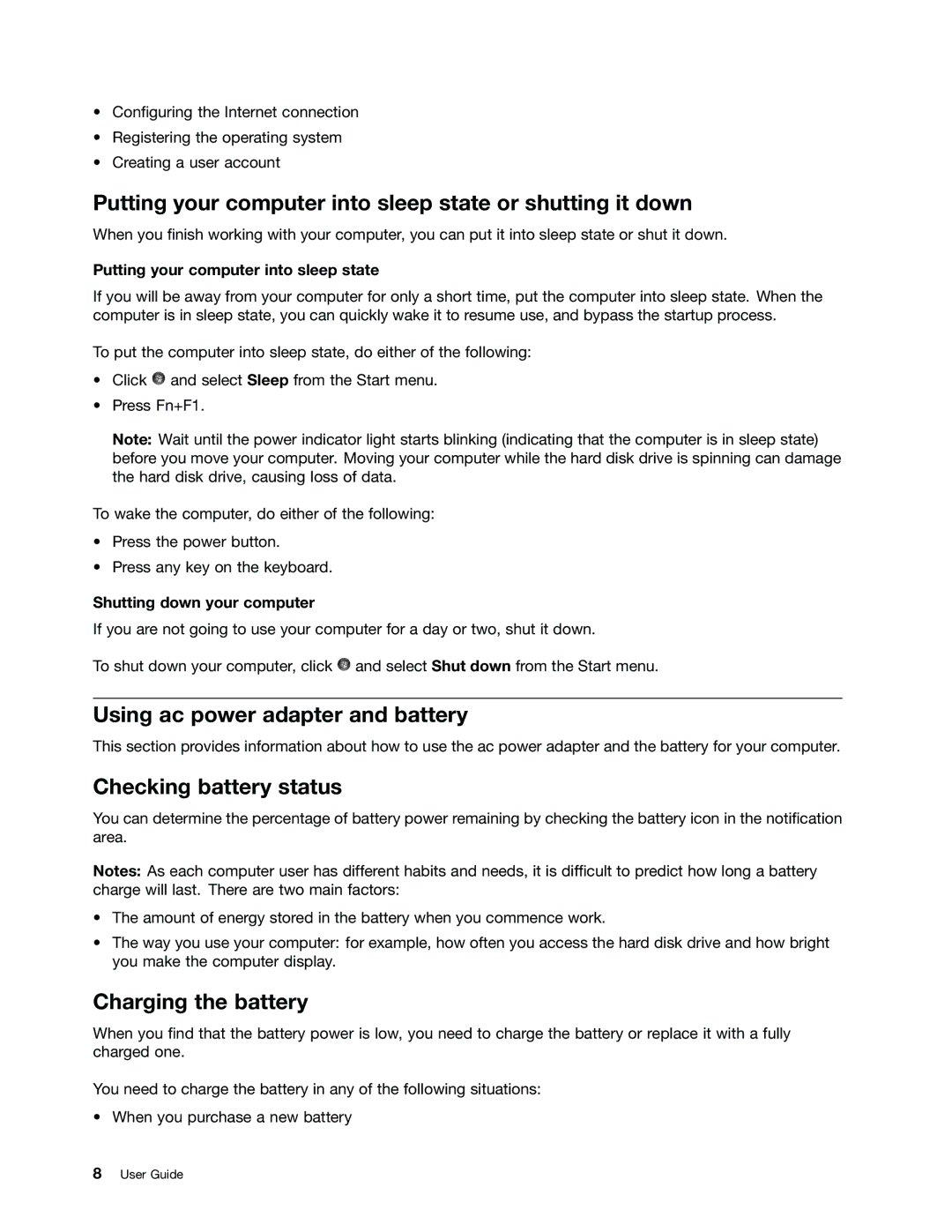 Lenovo B470E manual Putting your computer into sleep state or shutting it down, Using ac power adapter and battery 