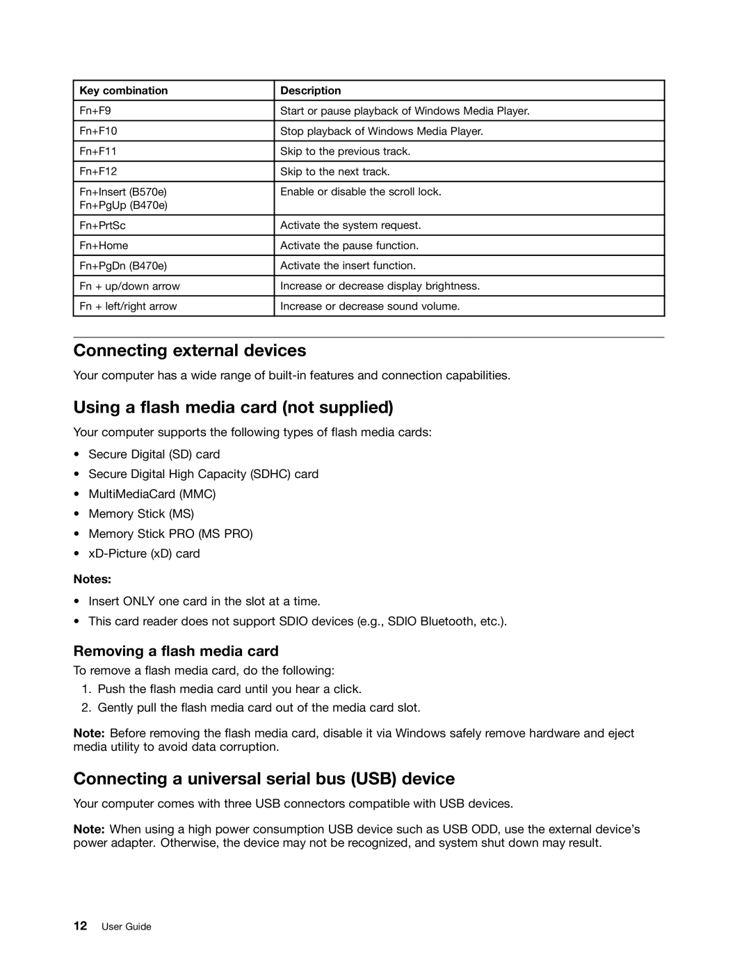 Lenovo B470E manual Connecting external devices, Using a flash media card not supplied, Removing a flash media card 