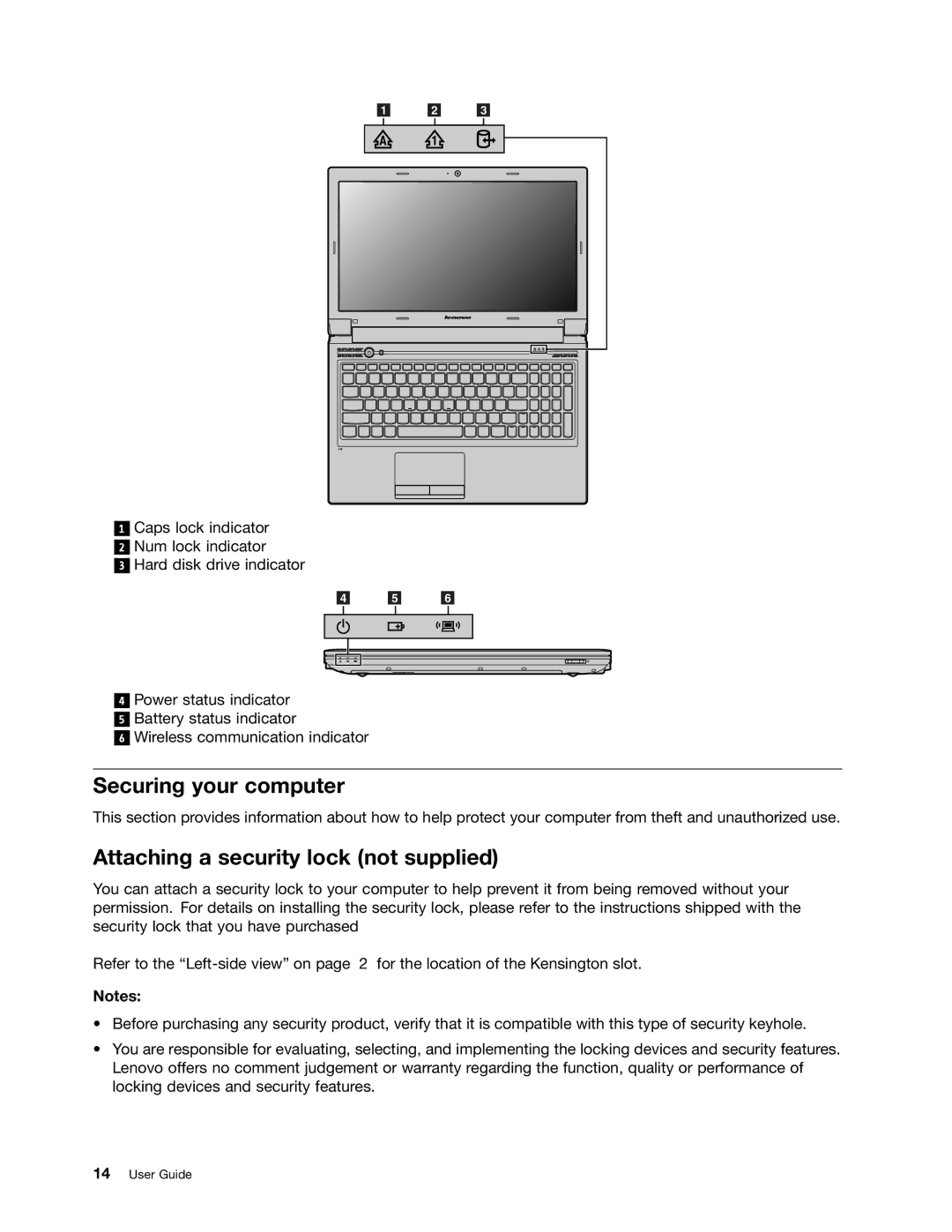 Lenovo B470E manual Securing your computer, Attaching a security lock not supplied 