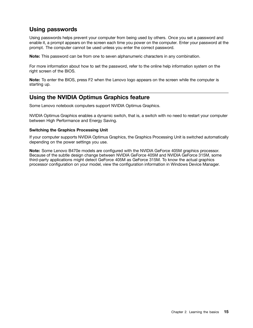 Lenovo B470E manual Using passwords, Using the Nvidia Optimus Graphics feature, Switching the Graphics Processing Unit 