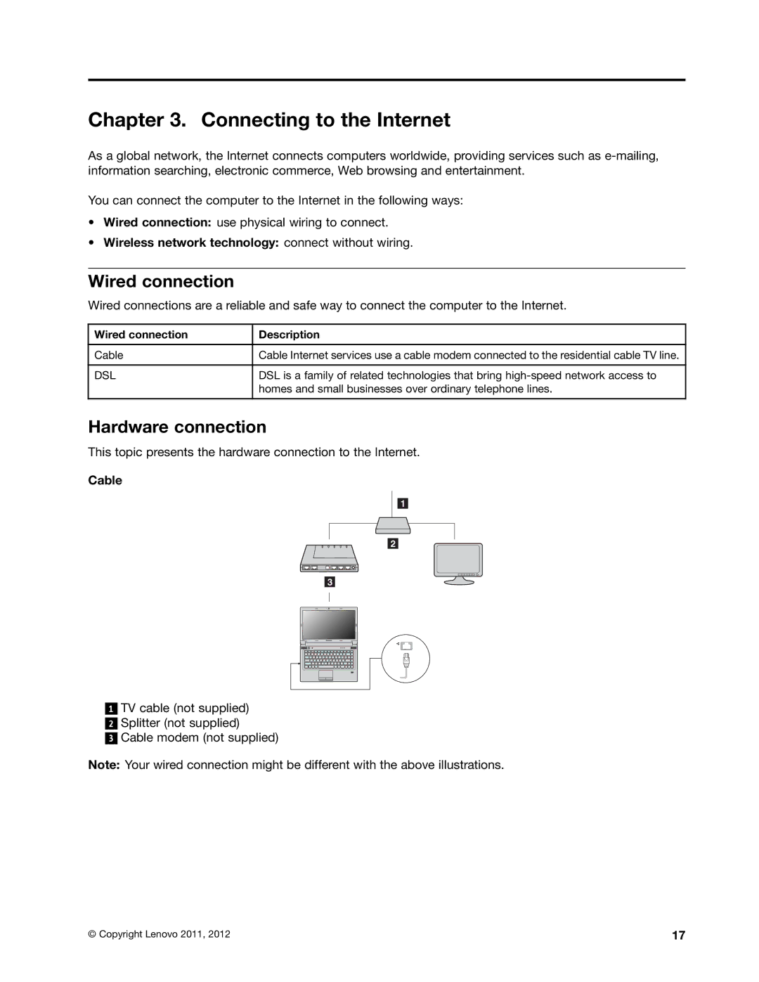 Lenovo B470E manual Connecting to the Internet, Wired connection, Hardware connection, Cable 