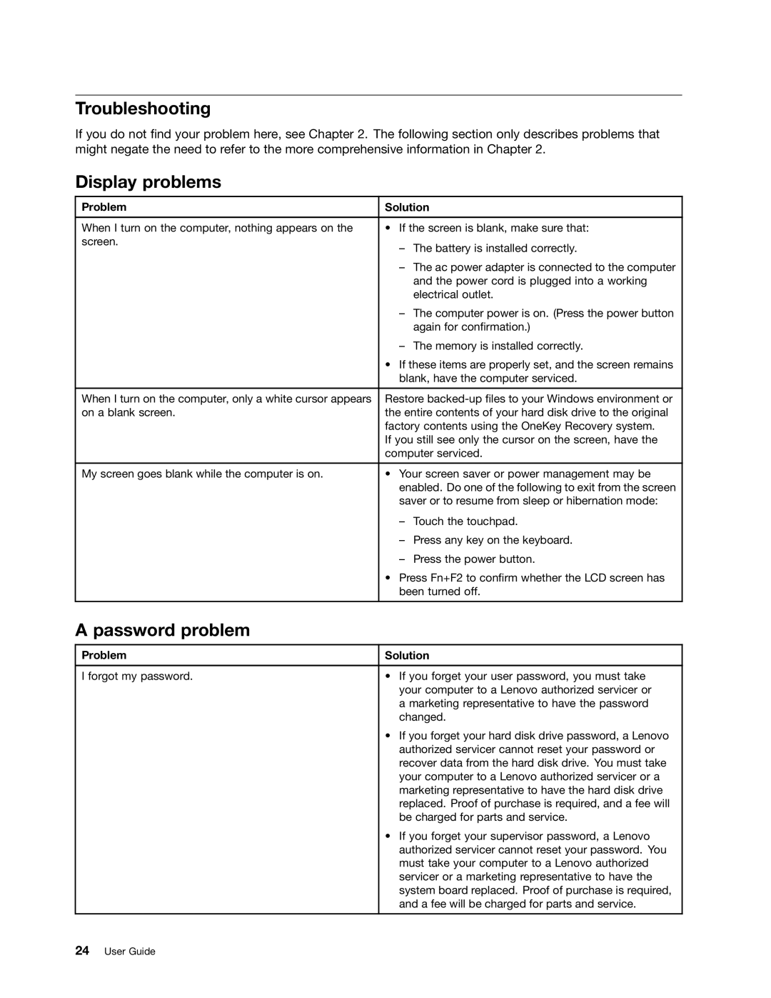 Lenovo B470E manual Troubleshooting, Display problems, Password problem, Problem Solution 