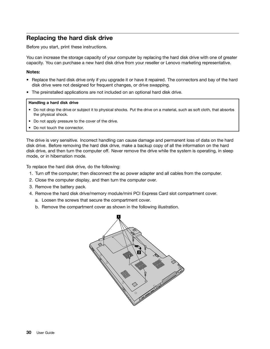 Lenovo B470E manual Replacing the hard disk drive, Handling a hard disk drive 