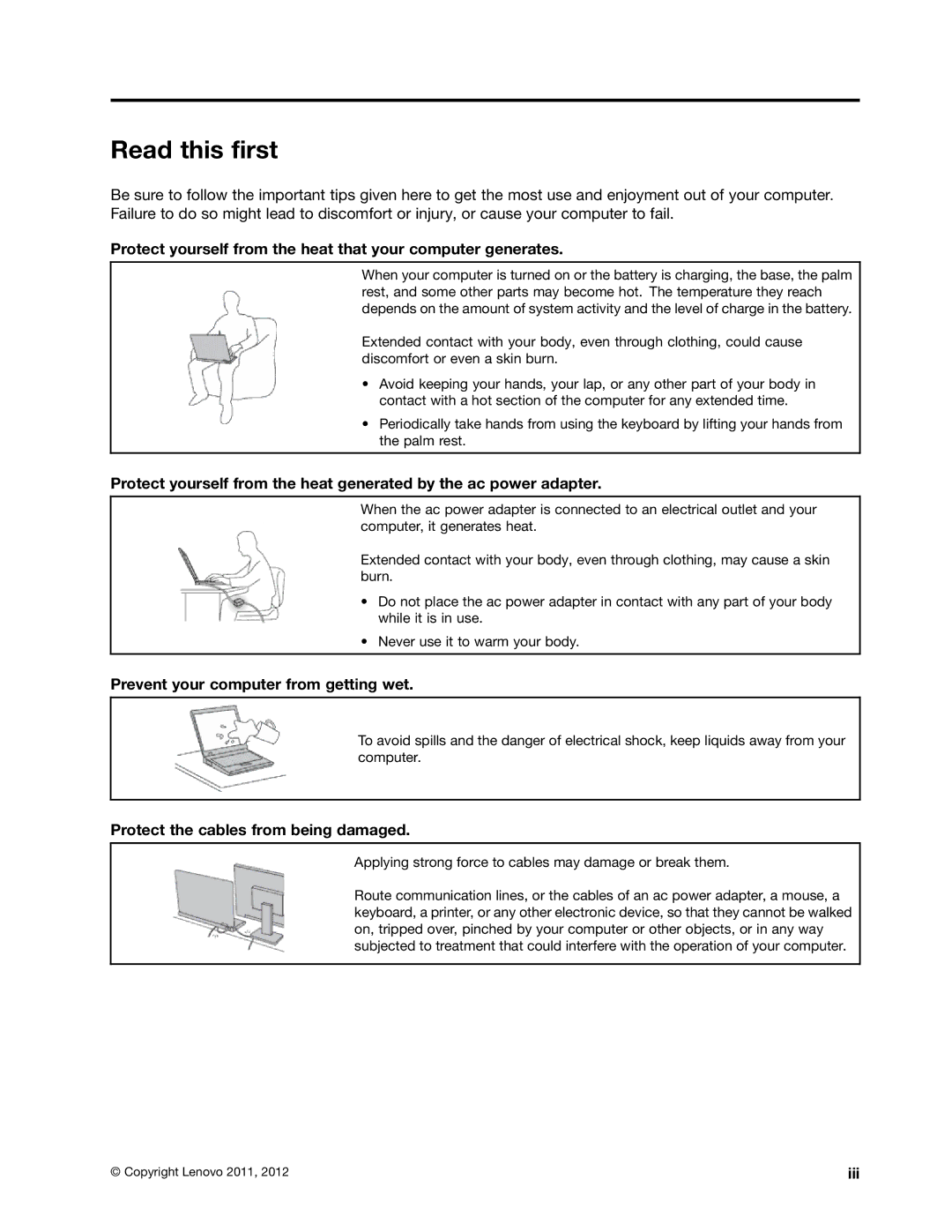 Lenovo B470E manual Read this first, Protect yourself from the heat that your computer generates, Iii 