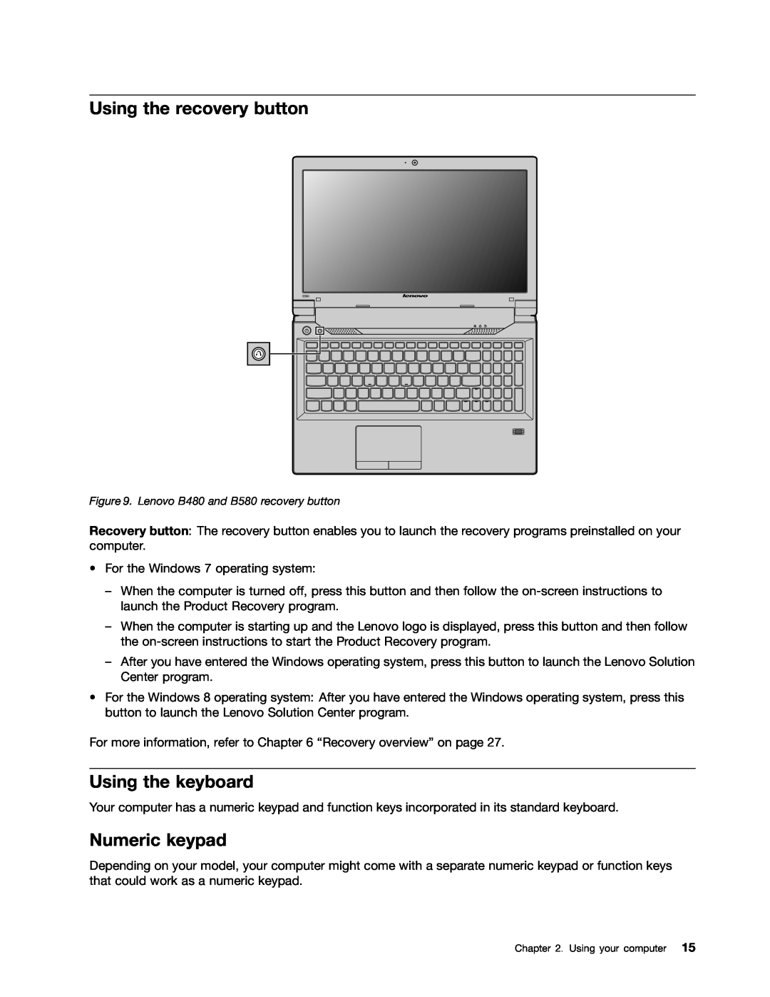 Lenovo manual Using the recovery button, Using the keyboard, Numeric keypad, Lenovo B480 and B580 recovery button 