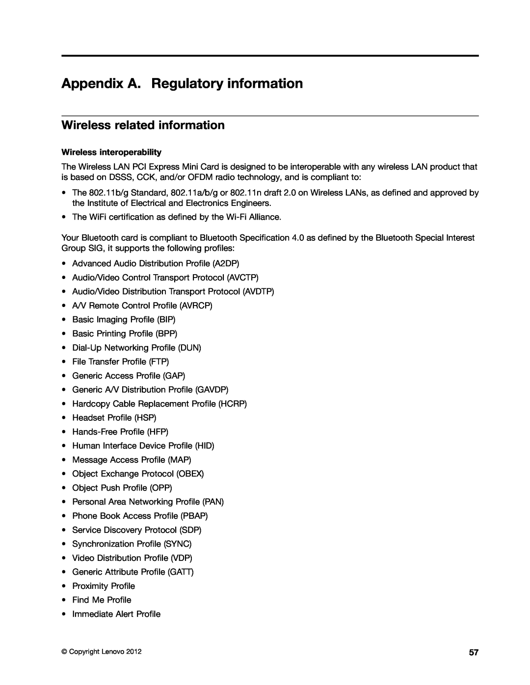 Lenovo B580, B480 manual Appendix A. Regulatory information, Wireless related information, Wireless interoperability 