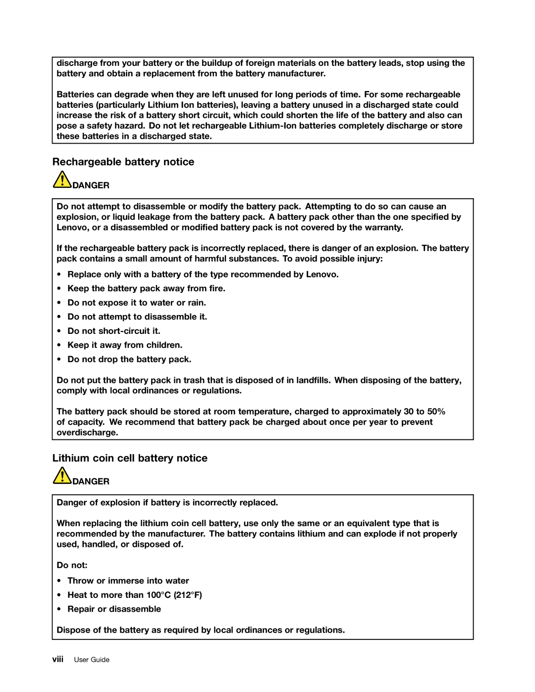 Lenovo B480, B580 manual Rechargeable battery notice, Lithium coin cell battery notice 