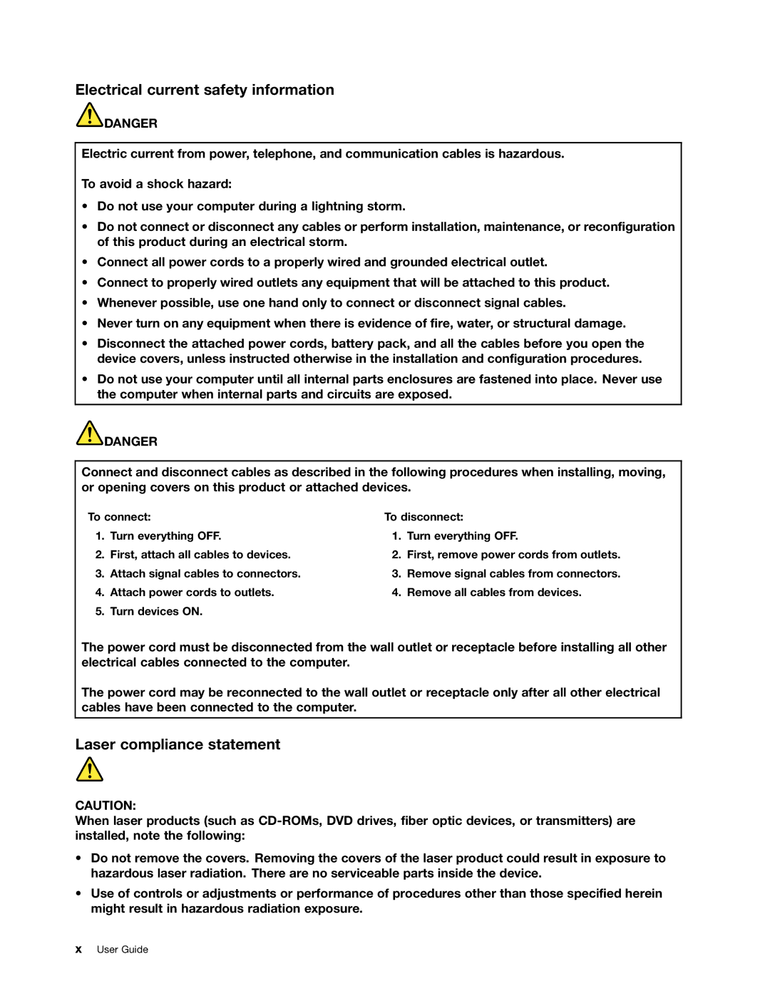 Lenovo B480, B580 manual Electrical current safety information, Laser compliance statement 