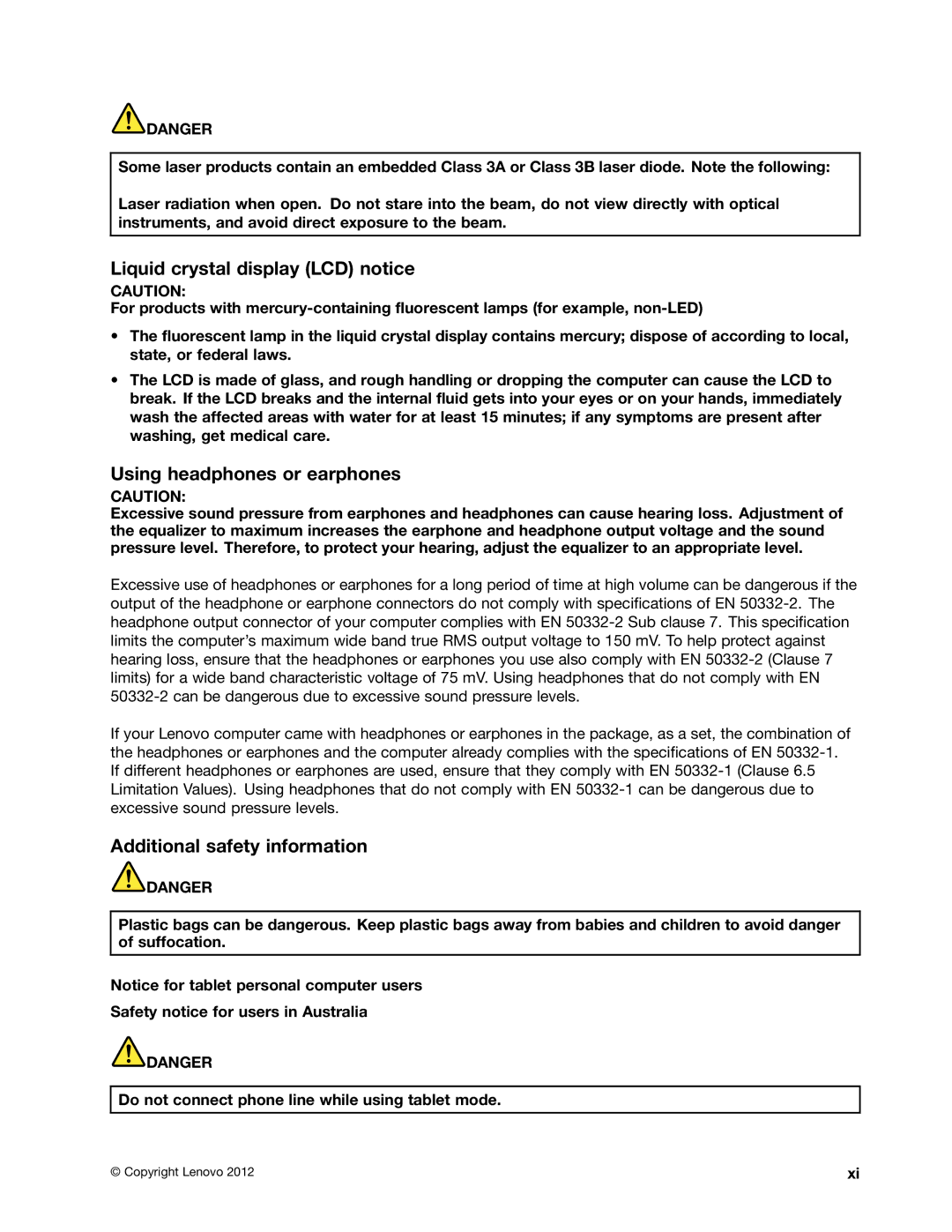 Lenovo B580, B480 manual Liquid crystal display LCD notice, Using headphones or earphones, Additional safety information 