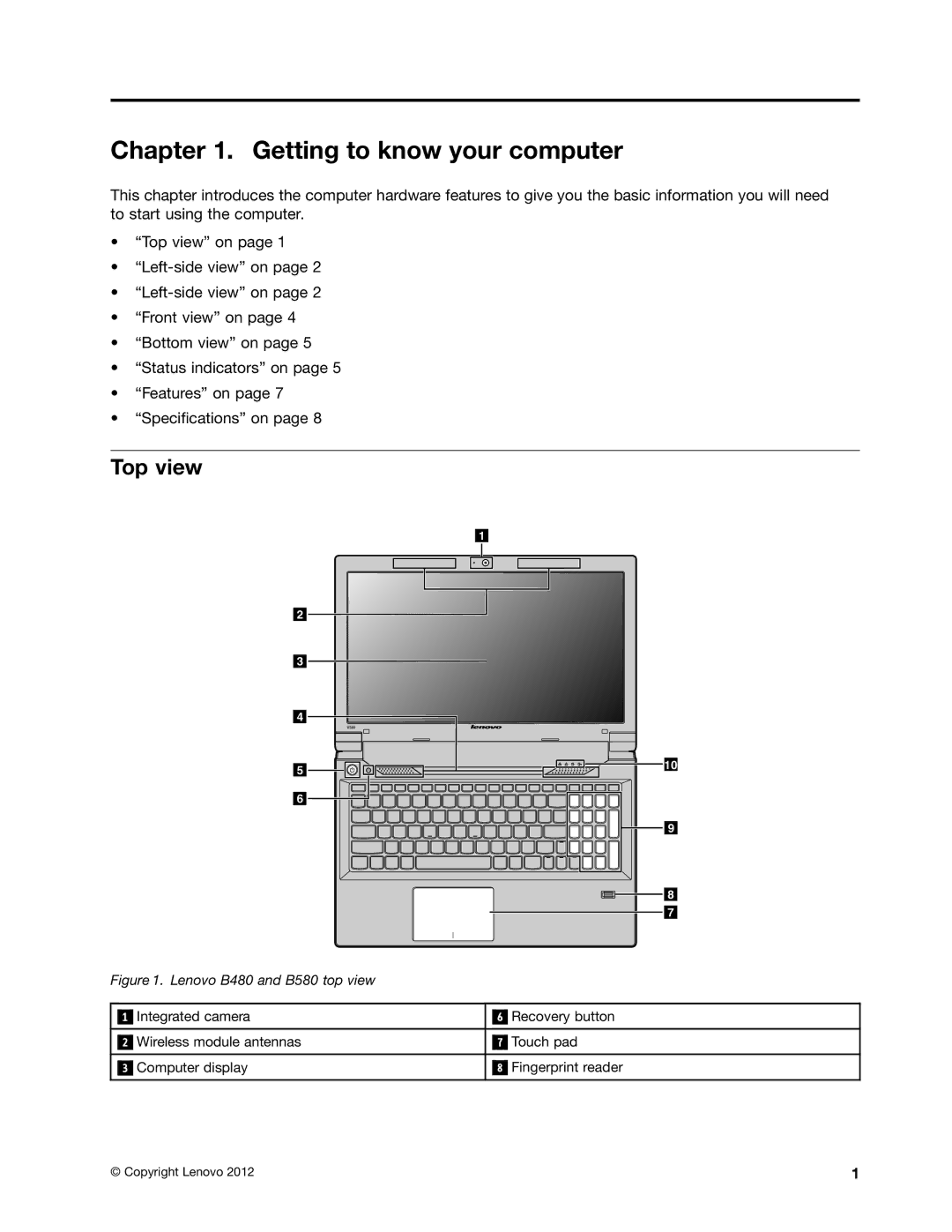 Lenovo B580, B480 manual Getting to know your computer, Top view 