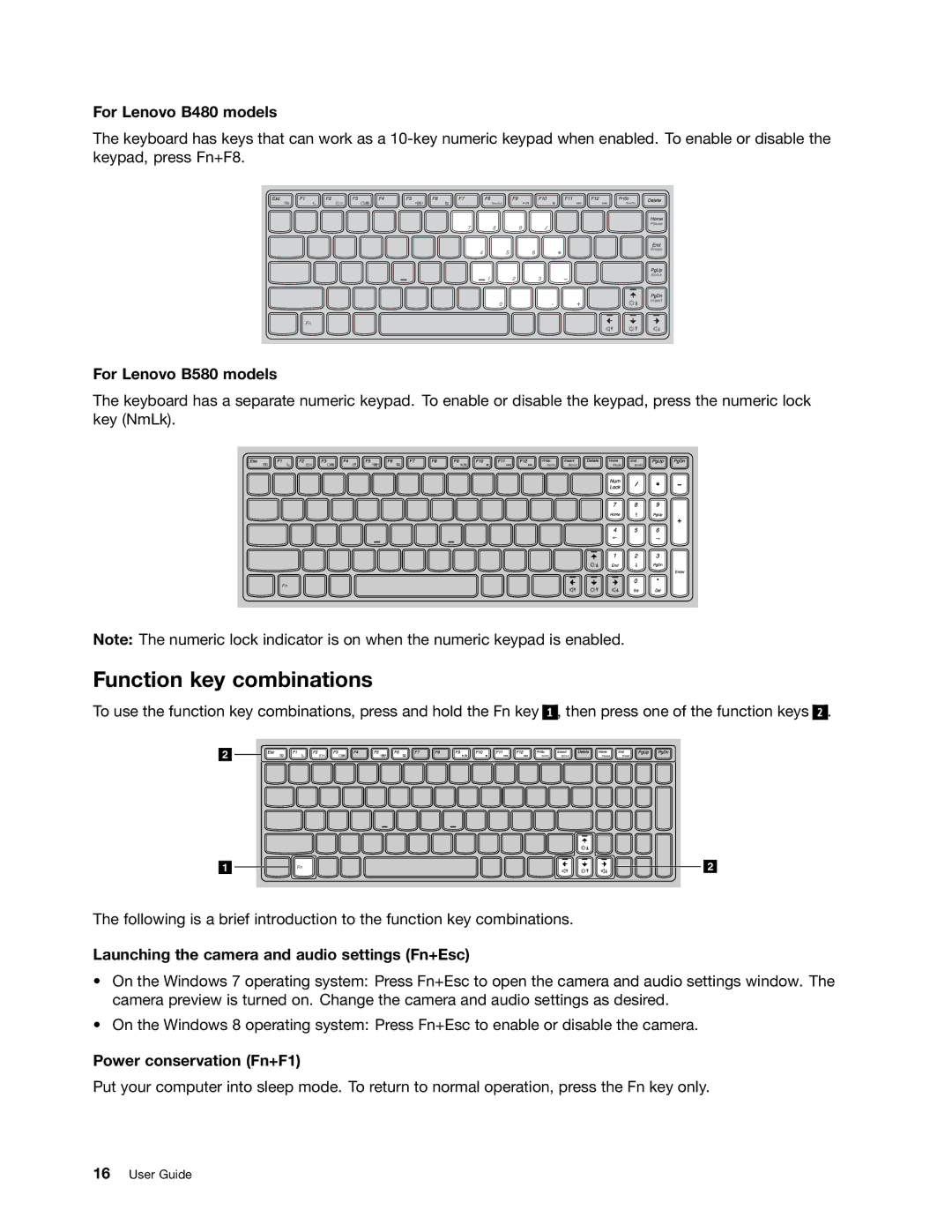 Lenovo manual Function key combinations, For Lenovo B480 models, For Lenovo B580 models, Power conservation Fn+F1 