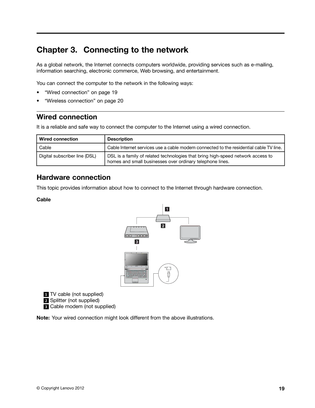 Lenovo B580, B480 manual Connecting to the network, Wired connection, Hardware connection, Cable 