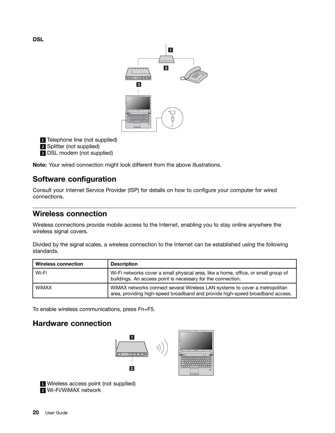 Lenovo B480, B580 manual Software configuration, Wireless connection 