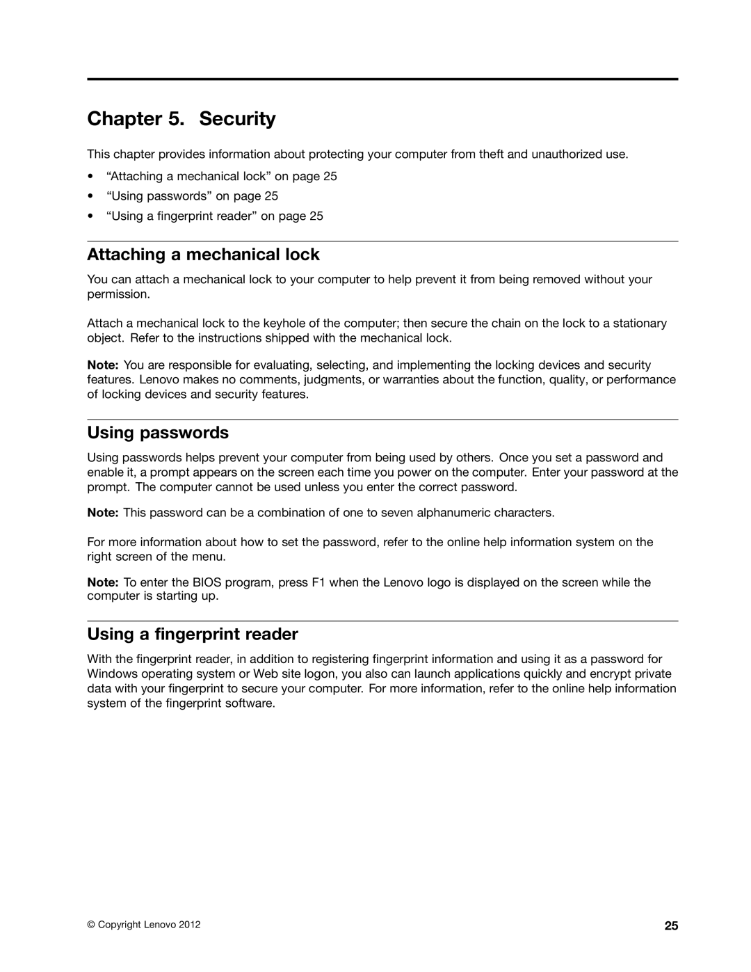 Lenovo B580, B480 manual Security, Attaching a mechanical lock, Using passwords, Using a fingerprint reader 