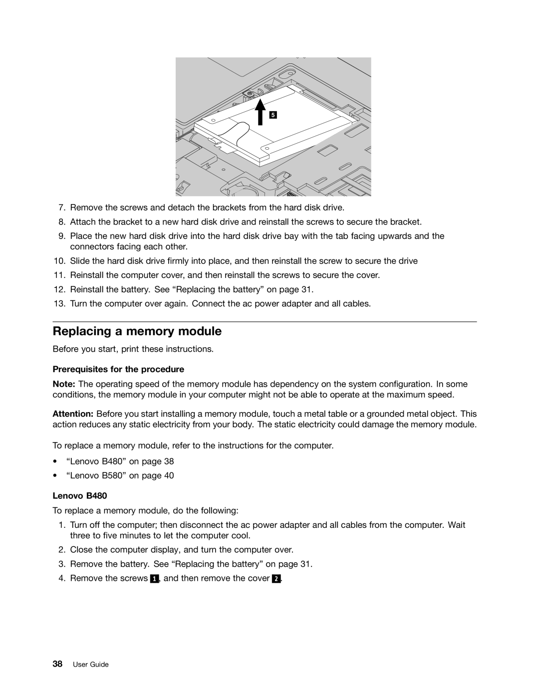 Lenovo B480, B580 manual Replacing a memory module, Prerequisites for the procedure 