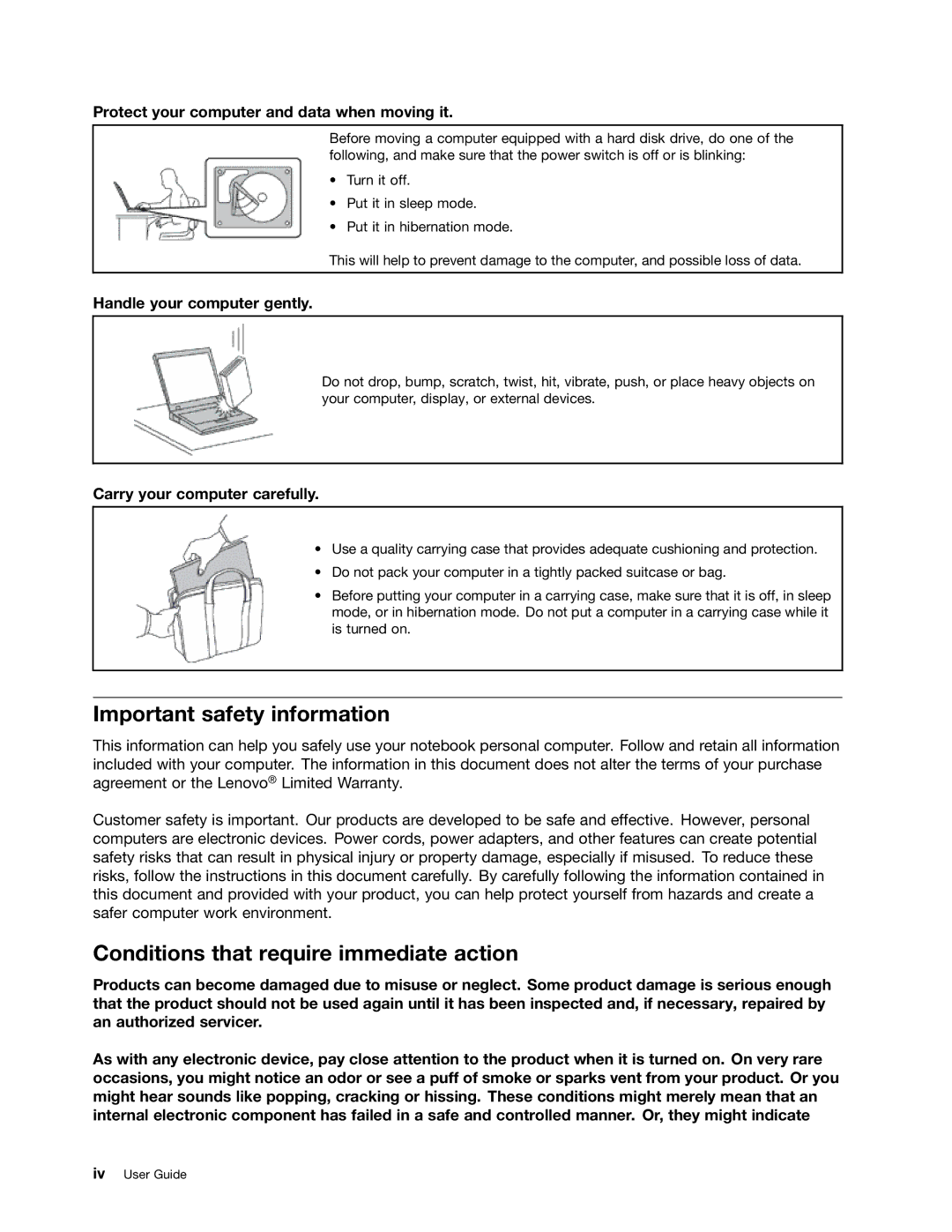 Lenovo B480, B580 manual Important safety information, Conditions that require immediate action, Handle your computer gently 