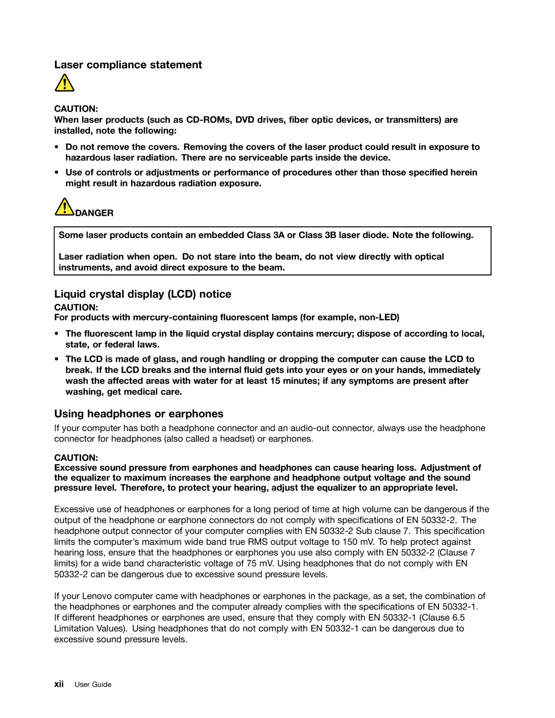 Lenovo B485 manual Laser compliance statement, Liquid crystal display LCD notice, Using headphones or earphones 