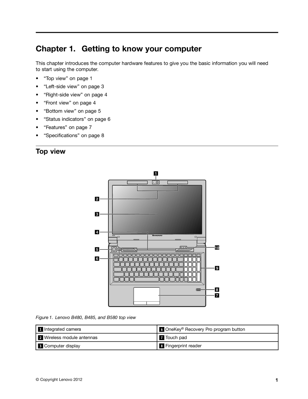 Lenovo B485 manual Getting to know your computer, Top view 