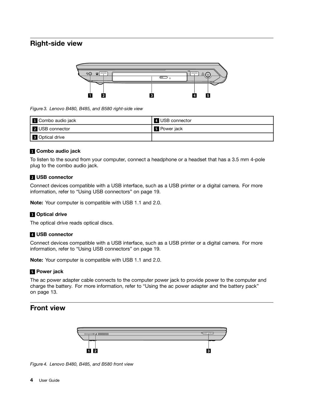 Lenovo B485 manual Right-side view, Front view 