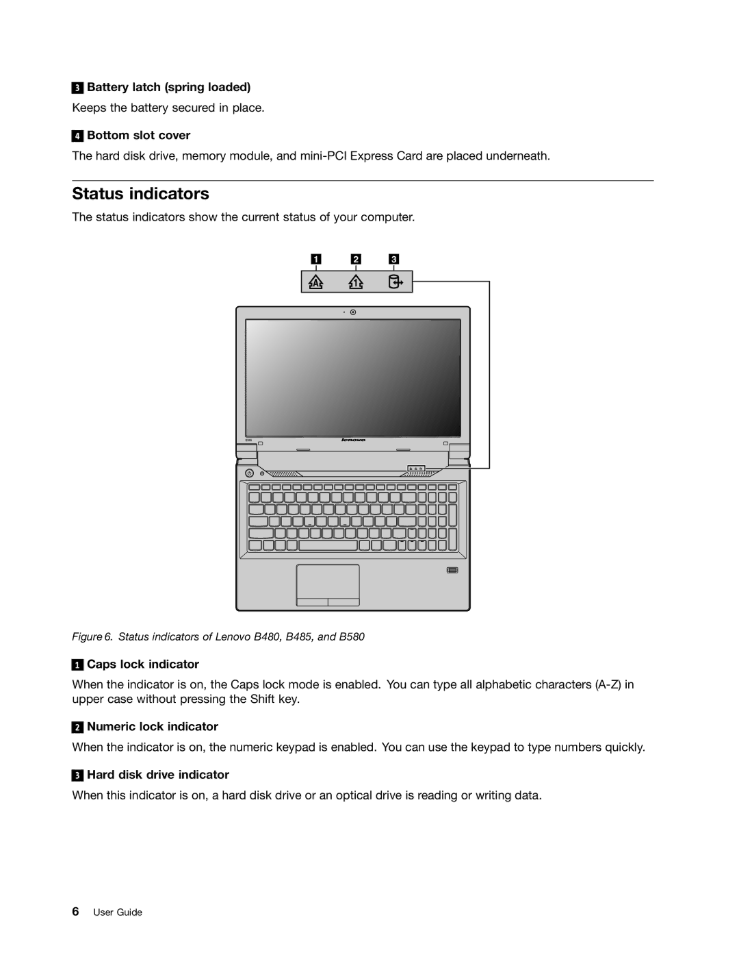Lenovo B485 manual Status indicators 