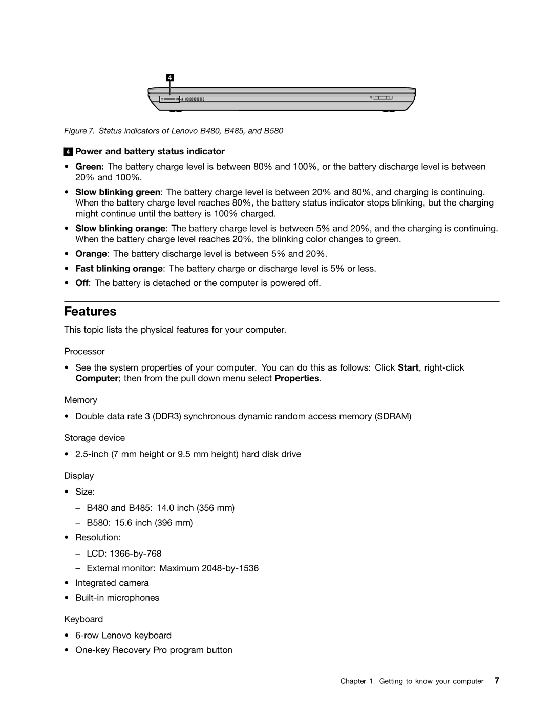 Lenovo B485 manual Features, Power and battery status indicator 