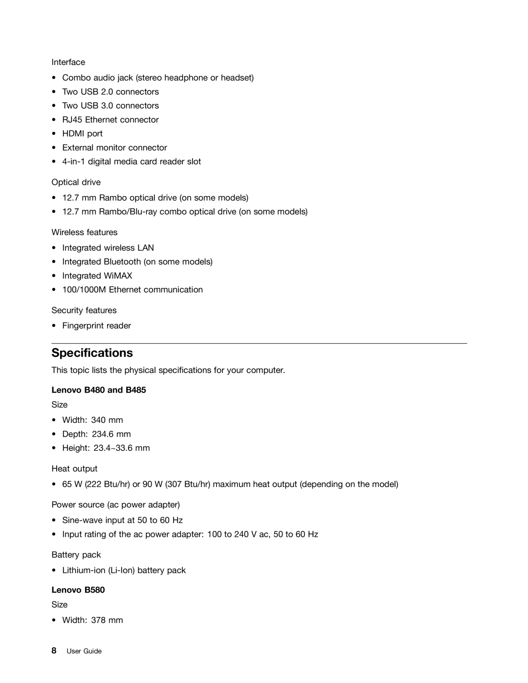 Lenovo manual Specifications, Lenovo B480 and B485, Lenovo B580 