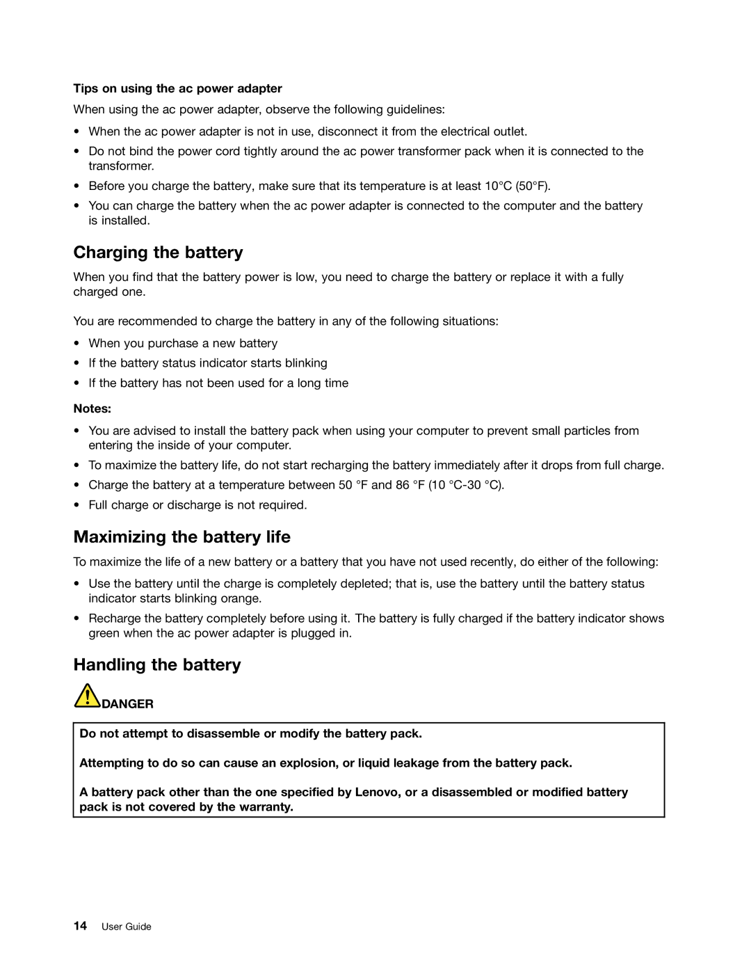 Lenovo B485 Charging the battery, Maximizing the battery life, Handling the battery, Tips on using the ac power adapter 