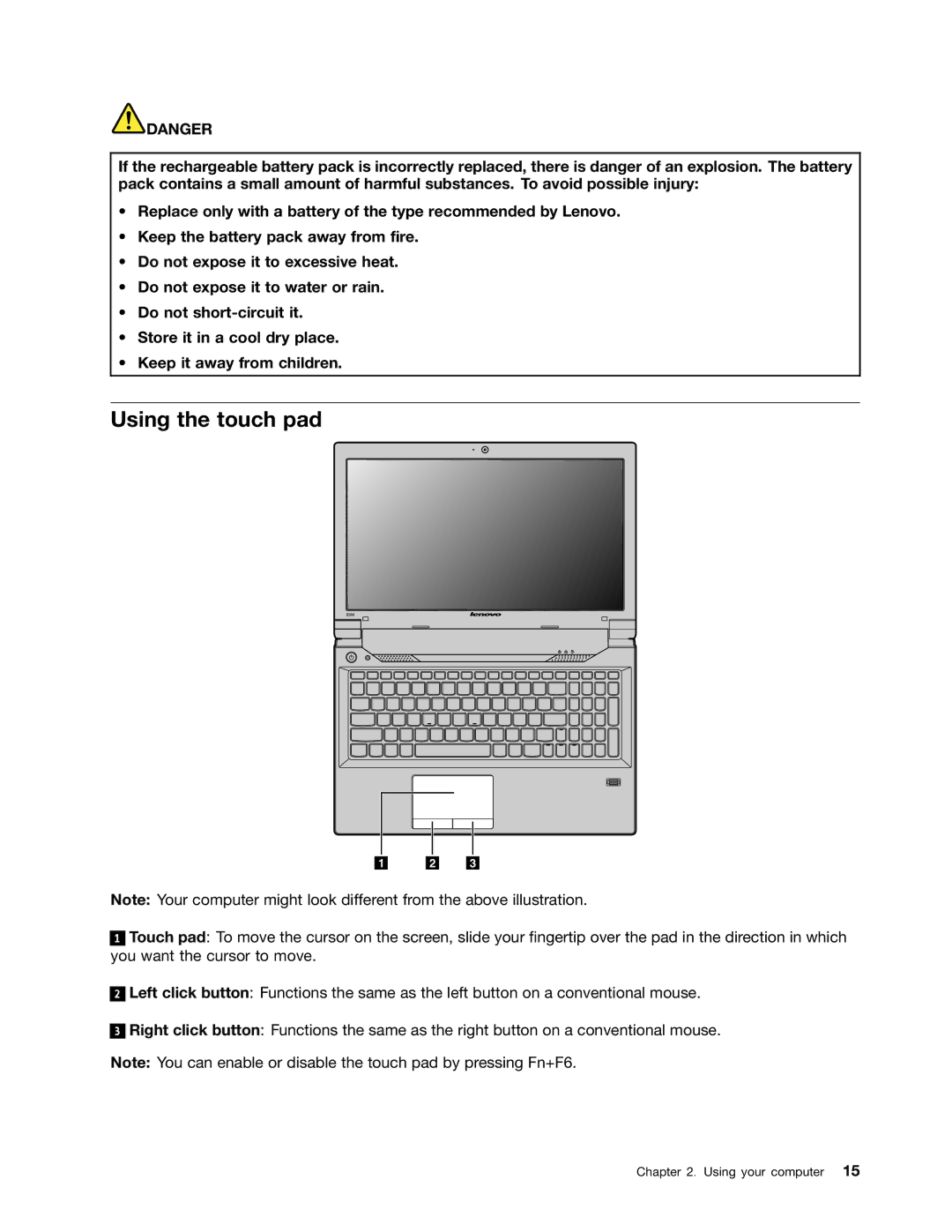 Lenovo B485 manual Using the touch pad 