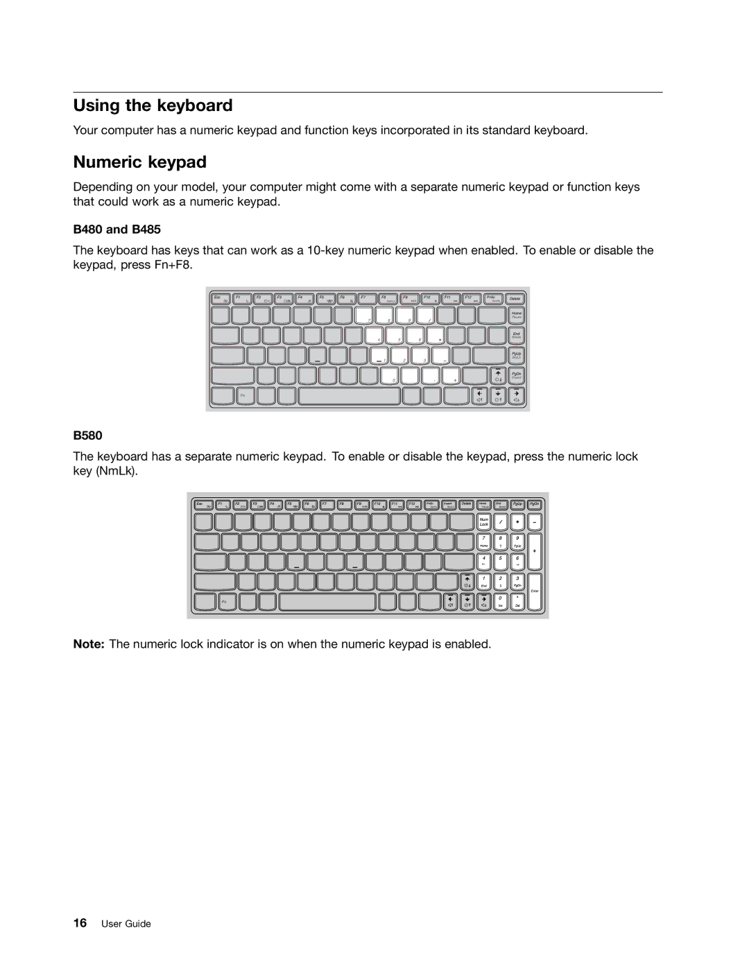 Lenovo manual Using the keyboard, Numeric keypad, B480 and B485, B580 