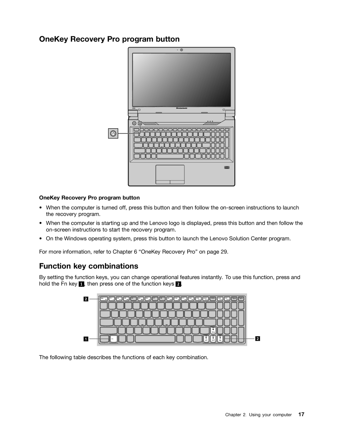 Lenovo B485 manual OneKey Recovery Pro program button, Function key combinations 