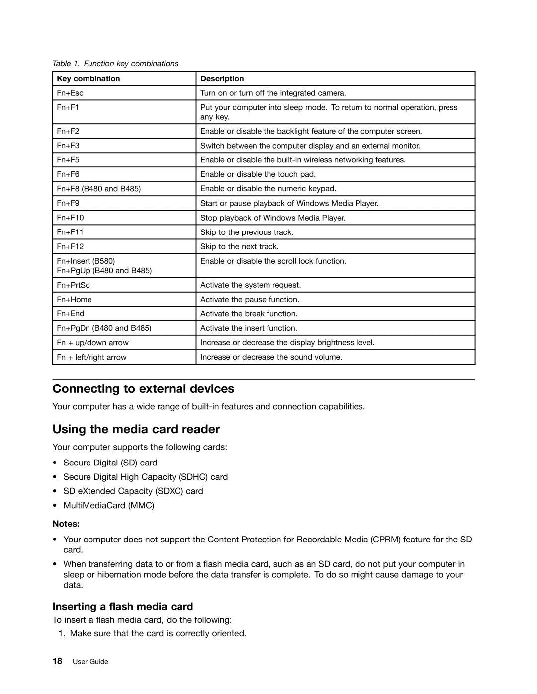 Lenovo B485 manual Connecting to external devices, Using the media card reader, Inserting a flash media card 