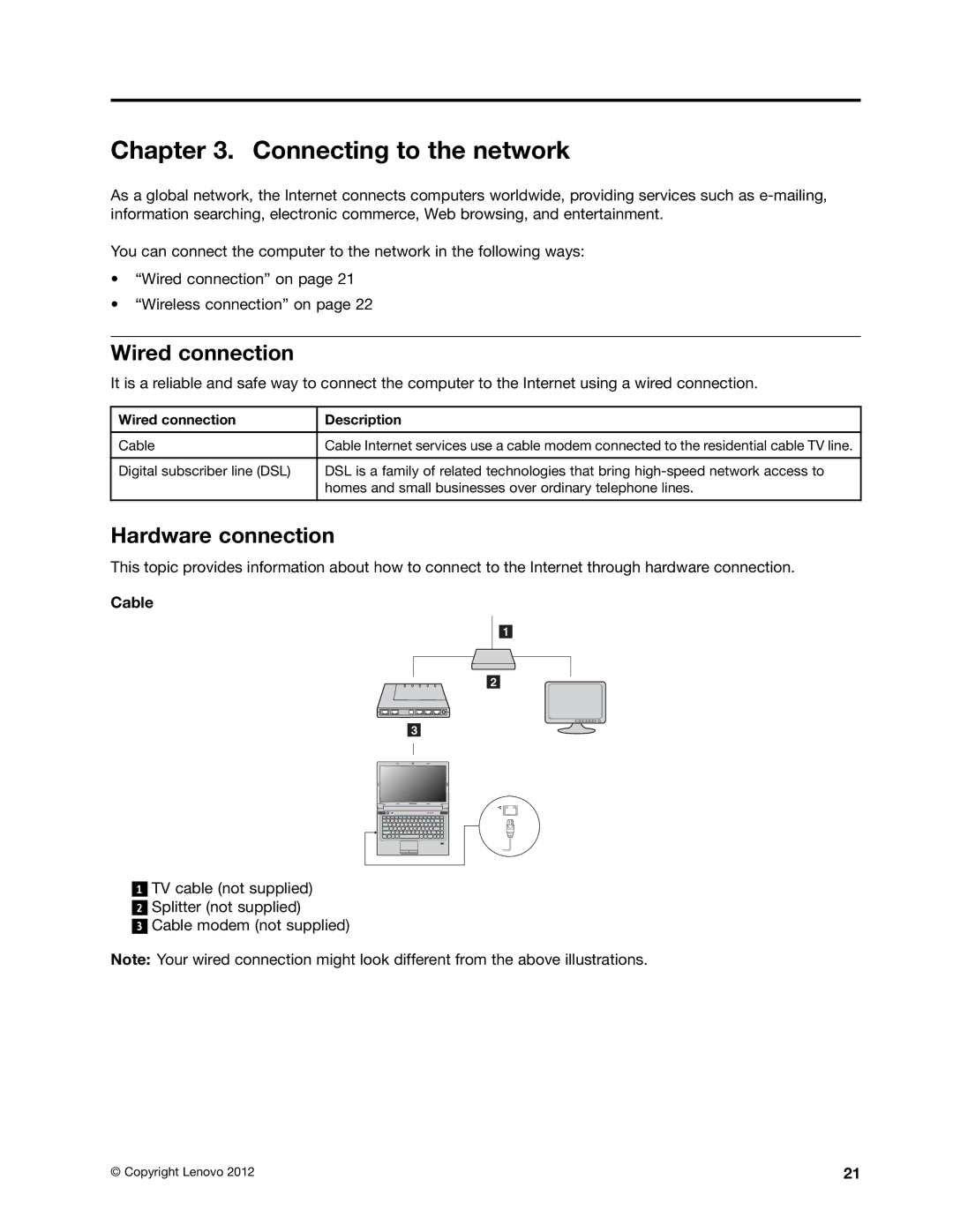Lenovo B485 manual Connecting to the network, Wired connection, Hardware connection, Cable 