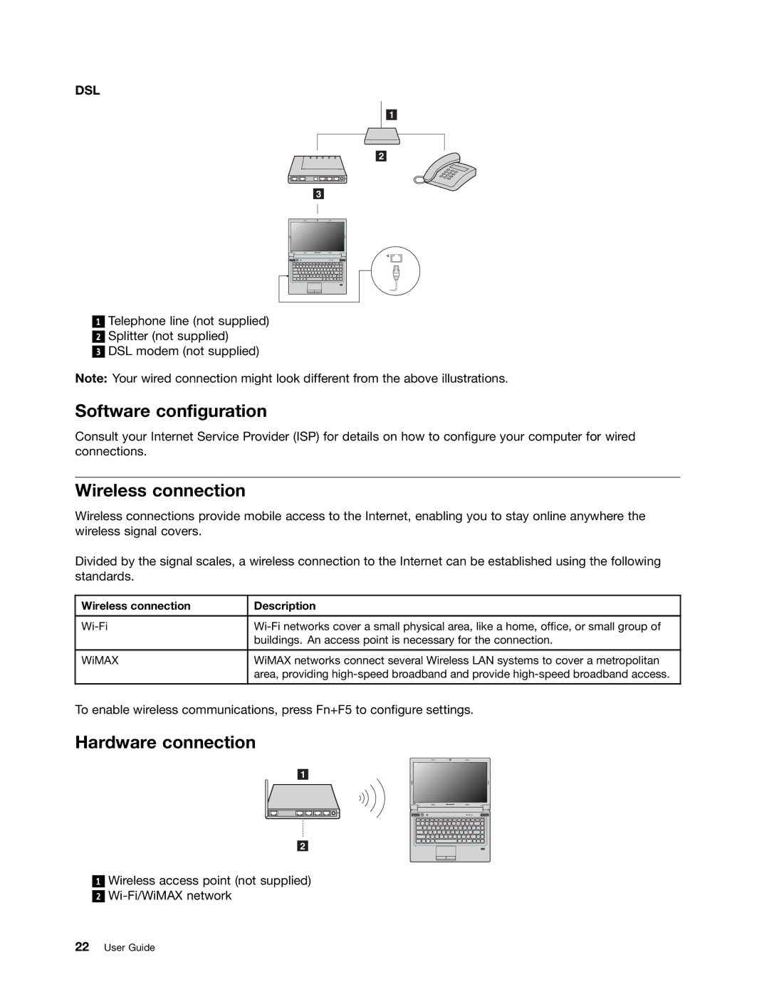 Lenovo B485 manual Software configuration, Wireless connection 