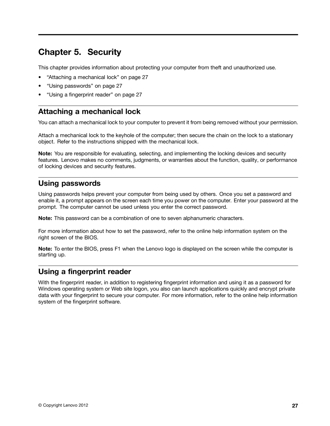 Lenovo B485 manual Security, Attaching a mechanical lock, Using passwords, Using a fingerprint reader 