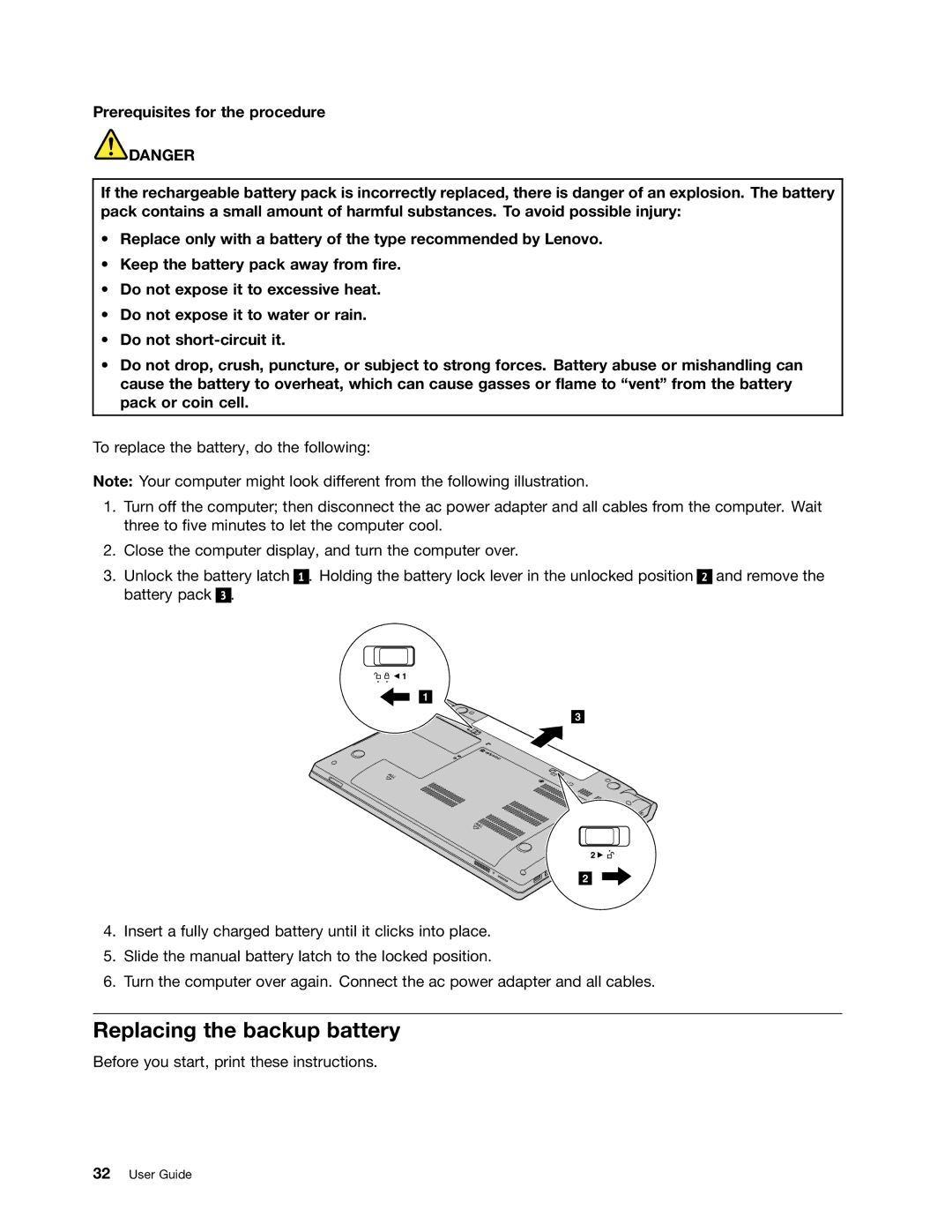 Lenovo B485 manual Replacing the backup battery 