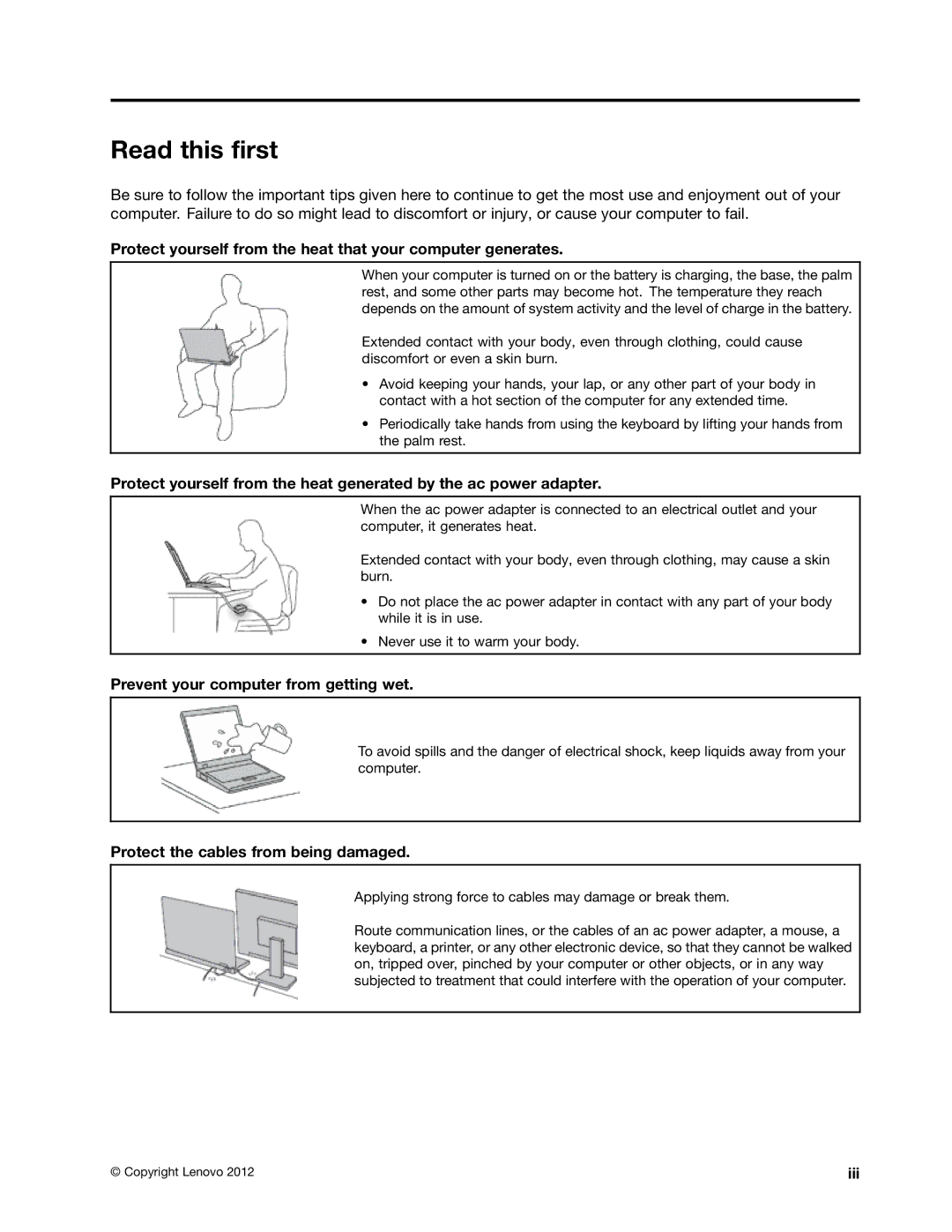 Lenovo B485 manual Read this first, Protect yourself from the heat that your computer generates 