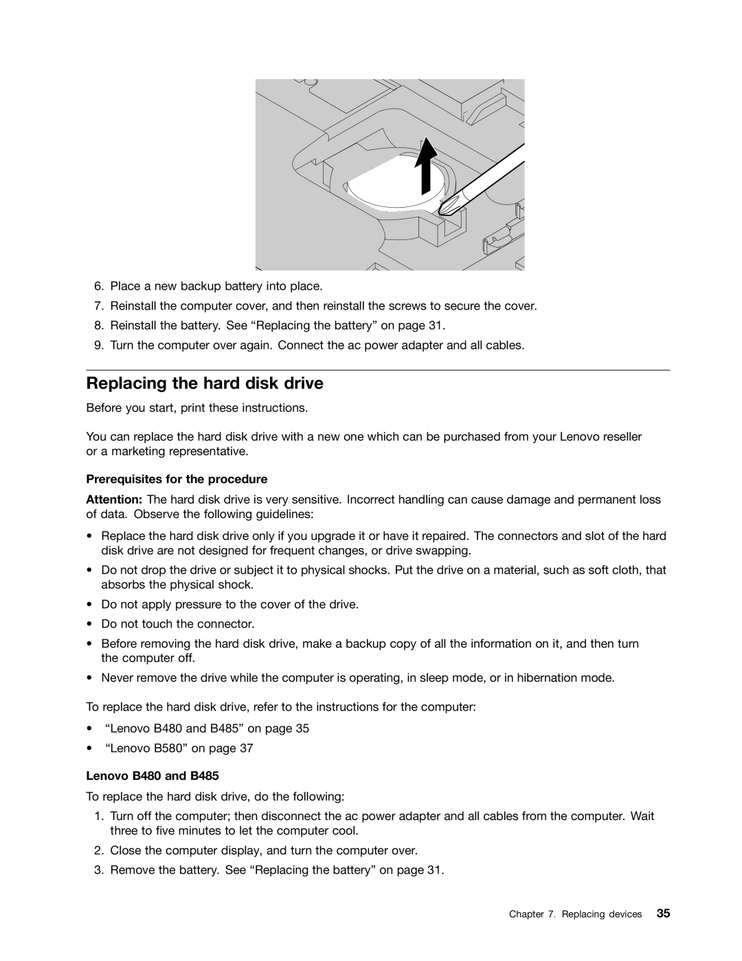 Lenovo B485 manual Replacing the hard disk drive, Prerequisites for the procedure 