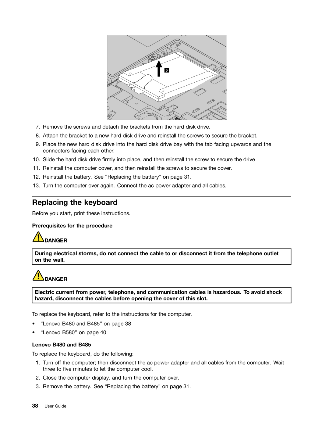 Lenovo manual Replacing the keyboard, Lenovo B480 and B485 