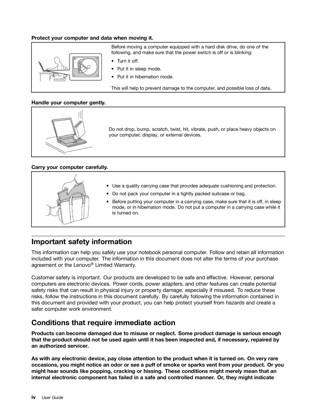 Lenovo B485 manual Important safety information, Conditions that require immediate action, Handle your computer gently 