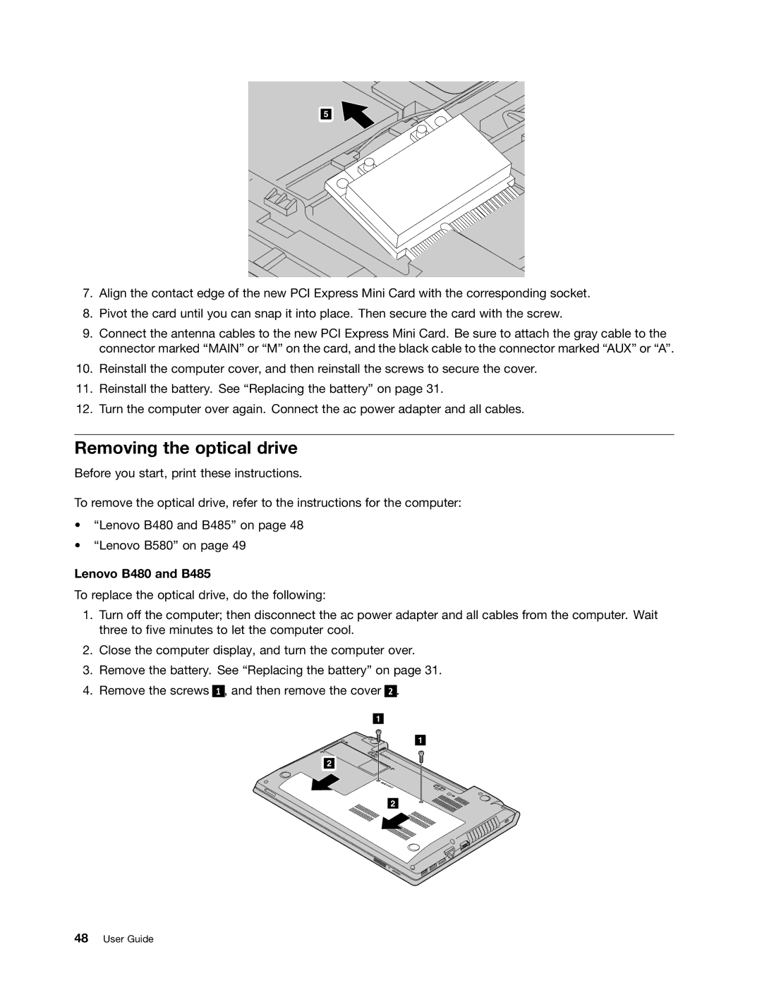 Lenovo manual Removing the optical drive, Lenovo B480 and B485 