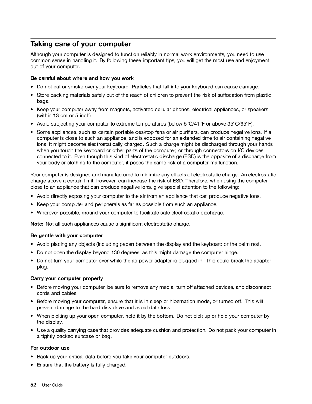 Lenovo B485 manual Taking care of your computer, Be careful about where and how you work, Be gentle with your computer 