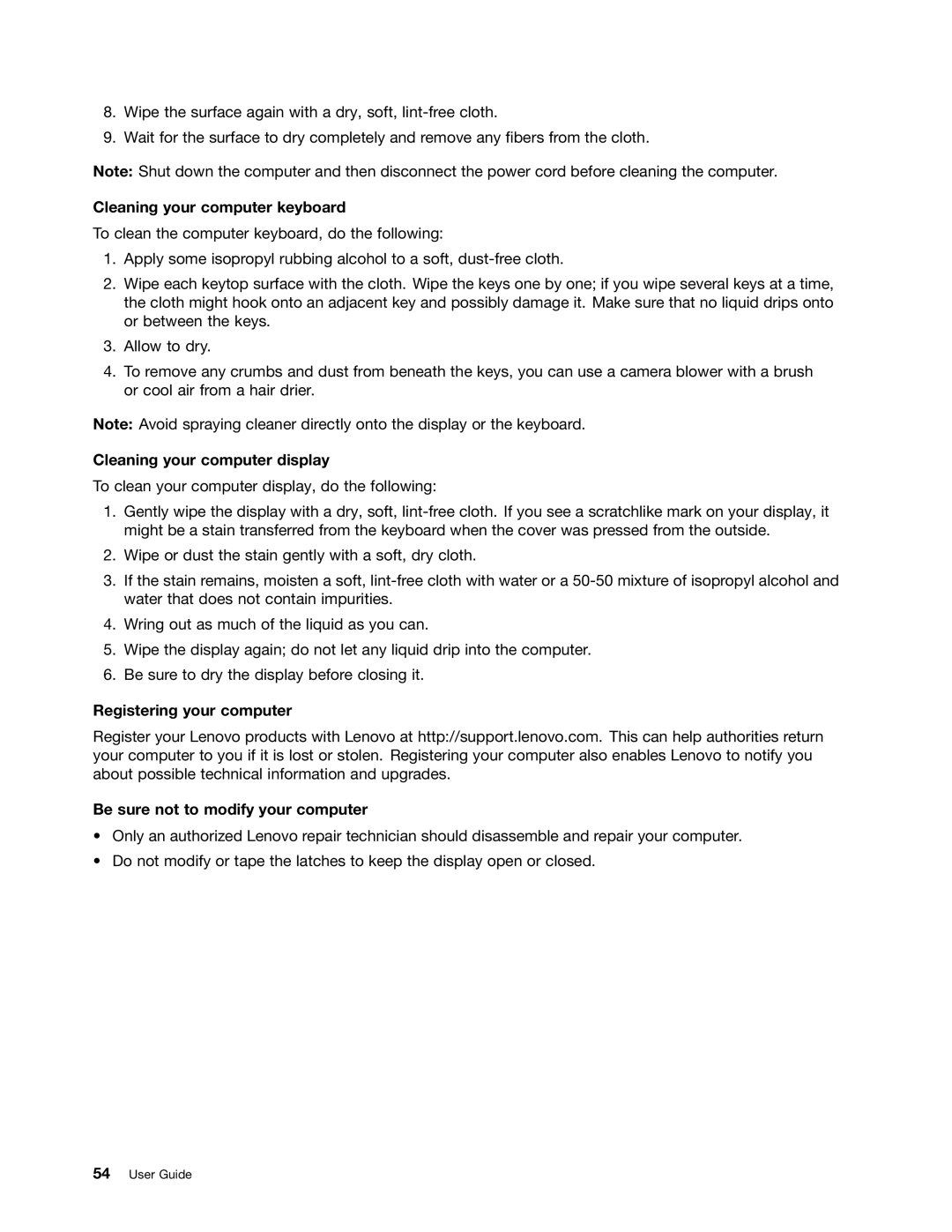 Lenovo B485 manual Cleaning your computer keyboard, Cleaning your computer display, Registering your computer 