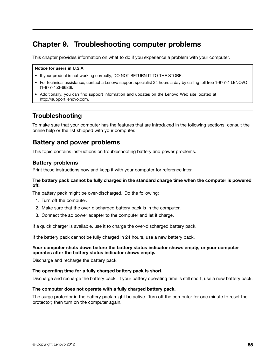 Lenovo B485 manual Troubleshooting computer problems, Battery and power problems, Battery problems 